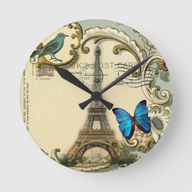 Relógio Redondo vintage art nouveau Blue swirls paris eiffel torre (Frente)