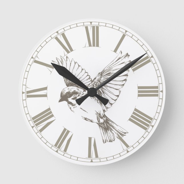 Relógio Redondo Vintage Bird Roman Numerals Sepia  (Frente)