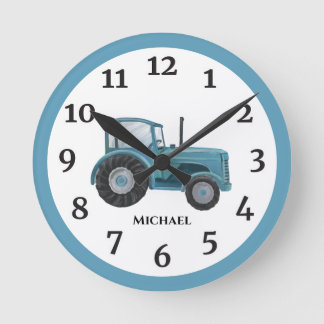 Relógio Redondo Vintage Blue Watercolor Fazenda Trator Wall Clock