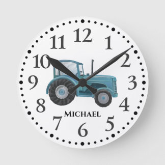 Relógio Redondo Vintage Blue Watercolor Trator Wall Clock