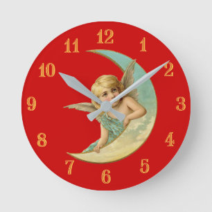 Relógio Redondo Vintage Cherub na Lua Crescente