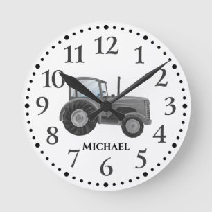 Relógio Redondo Vintage Cinza Watercolor Trator Wall Clock