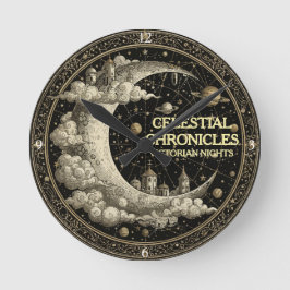 Relógio Redondo Vintage Crescent Moon with Clouds. Retro Victorian