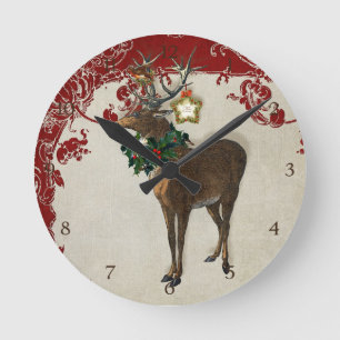 Relógio Redondo Vintage Elegance Natal Deer Antlers Damask