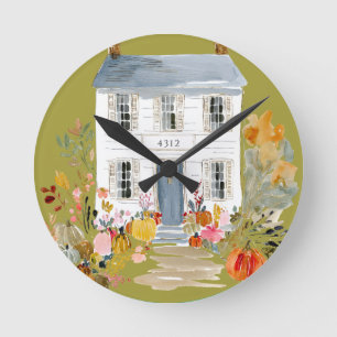 Relógio Redondo Vintage Farmhouse Fall Porch Endereço Personalizad