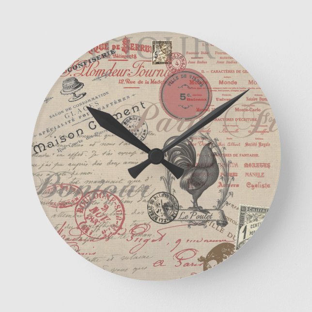 Relógio Redondo Vintage French Escrevendo Tipografia Paris Rooster (Frente)