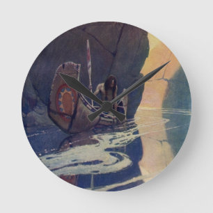 Relógio Redondo Vintage Indian Canoon Paddling com símbolo Sun