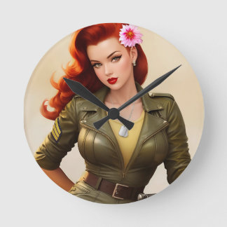 Relógio Redondo Vintage Militar Pinup Wall Clock