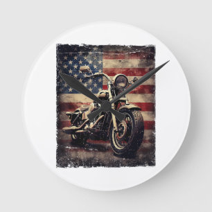 Relógio Redondo Vintage Motorcycle USA Flag Retro Biker American