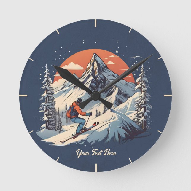 Relógio Redondo Vintage Mountain Pine Skiing Laranja Sunset (Frente)