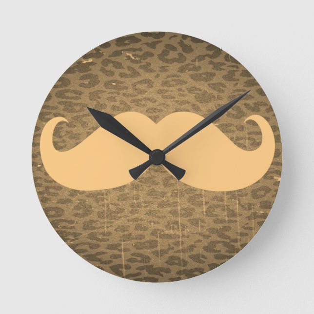 Relógio Redondo Vintage Mustache sobre Leopardo (Frente)