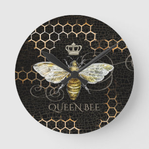 Relógio Redondo Vintage Queen Bee Royal Crown Honeycomb Black