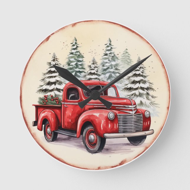 Relógio Redondo Vintage Red Truck Natal (Frente)