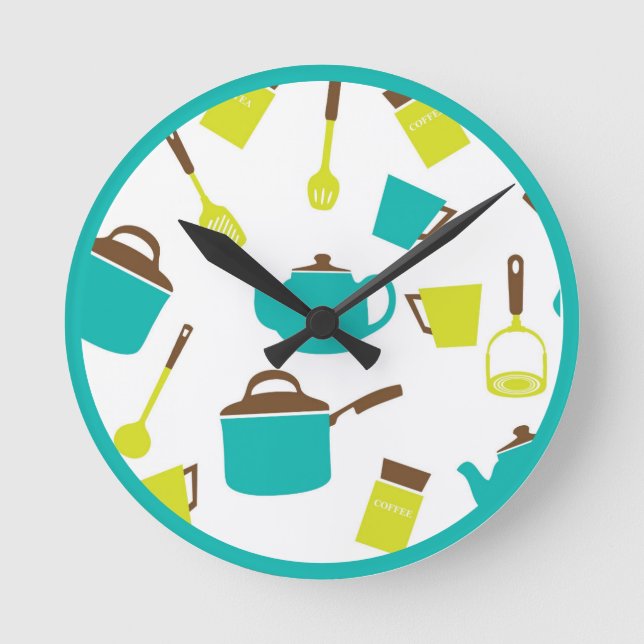 Relógio Redondo Vintage Retro Kitchen Utensils Teapot Pans (Frente)