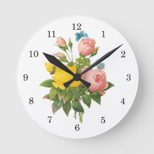 Relógio Redondo Vintage Rosas de chá rosa amarela persa por redout