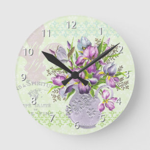Relógio Redondo Vintage Shabby Purple Flowers Whimsical Green