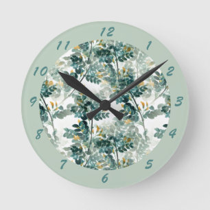 Relógio Redondo Vintage Teal Foliage Leaves Elegant Chic Pattern