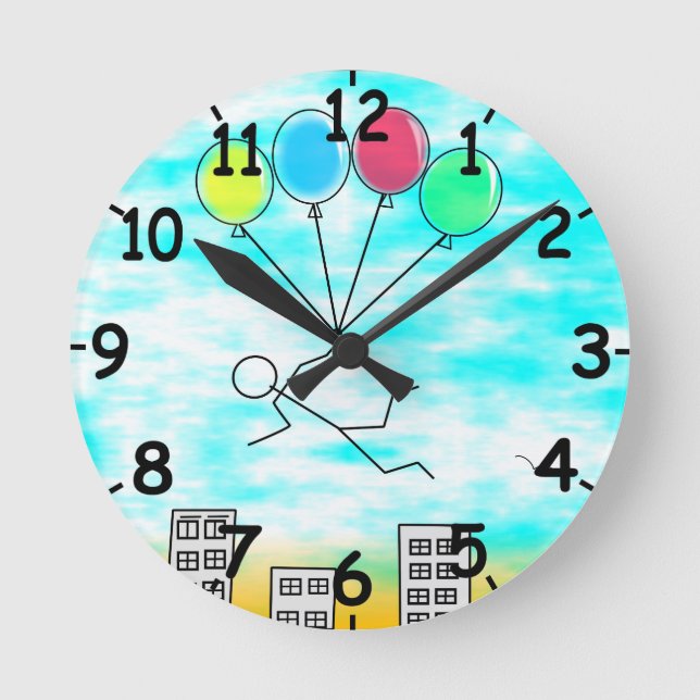 Relógio Redondo Voando Sobre A Cidade Com Balões (Frente)