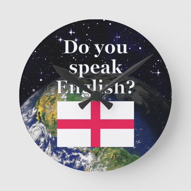 Relógio Redondo Você fala inglês? em inglês. Sinalizador e Terra (Frente)