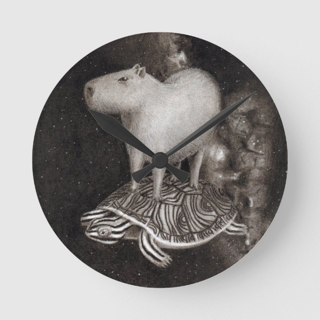 Relógio Redondo Vôo do Capybara e da tartaruga de água doce (Frente)