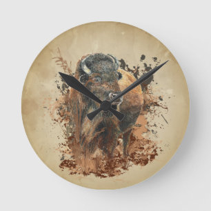 Relógio Redondo Watercolor Bison Buffalo Animal Willife Nature