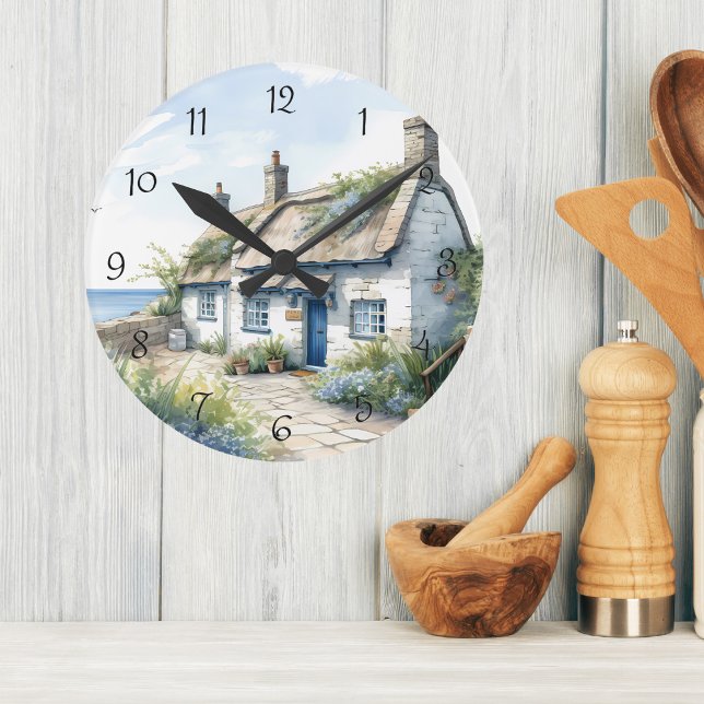 Relógio Redondo Watercolor Cornwall Seaside Cotage Wall Clock (Criador carregado)