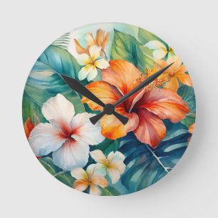 Relógio Redondo Watercolor Havaiano Garden Tropical Hibiscus