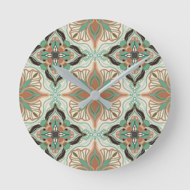 Relógio Redondo Watercolor Moroccan Floral Tile (Frente)