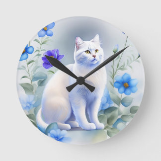 Relógio Redondo Weiße Katze mit blauen Blumen, Aquarell-Malerei