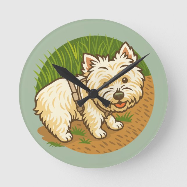 Relógio Redondo Westie Feliz na Trilha da Natureza (Frente)