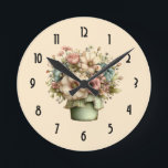 Relógio Redondo Whimsical Flowers in a Planter Pot Cute<br><div class="desc">A watch with a cute image. Blue. pink and cream colored flowers with green leaves. Set inside a green flower pot with a green plaid cloth hanging over the side.</div>