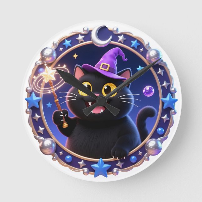 Relógio Redondo Whimsical Wizard Cat Magical Portrait Art Print (Frente)