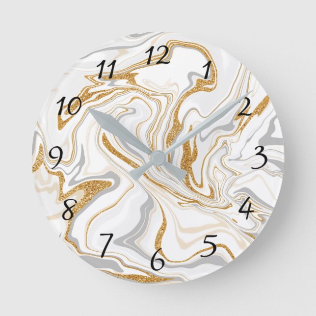 Relógio Redondo White, Gold and Gray Marble Like Swirls Fluid Art  (Frente)