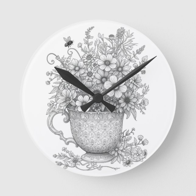 Relógio Redondo Wildflowers & Honey Bee Ink Art Wall Clock (Frente)