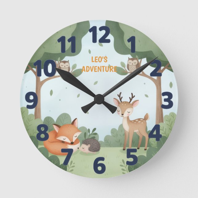 Relógio Redondo Woodland Forest Animal Friends Kids Wall Clock (Frente)