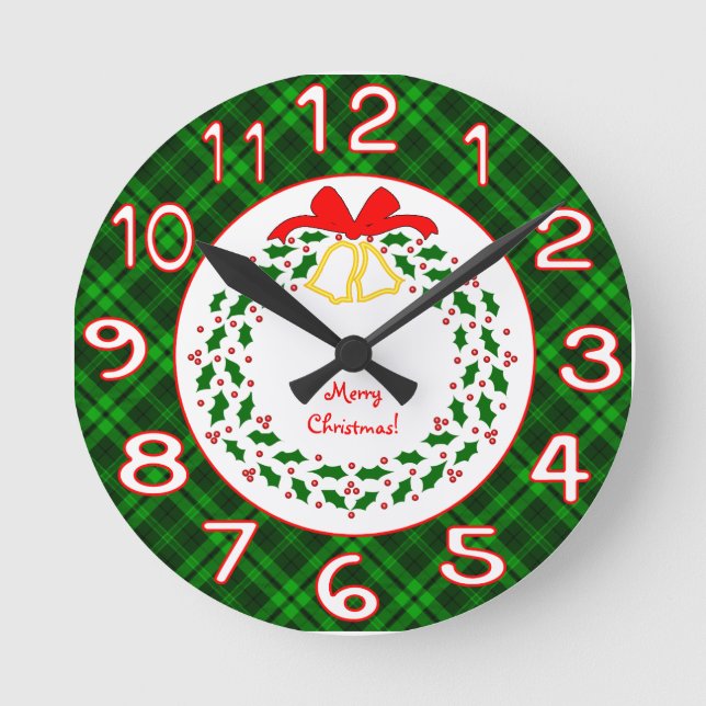 Relógio Redondo Xadrez de Natal Verde Escolha Sua Cor (Frente)
