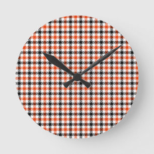 Relógio Redondo Xadrez Gingham Laranja Preto e Branco