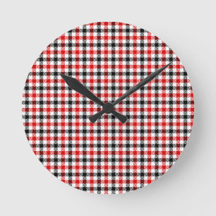 Relógio Redondo Xadrez Gingham Vermelho Preto e Branco
