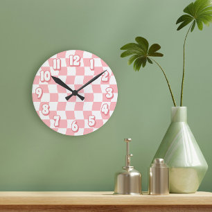 Relógio Redondo Xadrez Ondulado Rosa Pastel Branco Retro