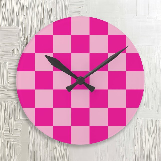 Relógio Redondo Xadrez Rosa e Fuchsia (Pink and Fuchsia Checkered Round Clock)