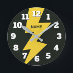 Relógio Redondo Yellow lighting bolt flash personalized<br><div class="desc">Yellow lighting bolt flash personalized round clock. Cool powerful zigzag thunderbolt design with big number dial. Add custom name or text. Customizable colors. Cool wall clock for home,  office,  kid's room etc. Thunder strike at midnight.</div>