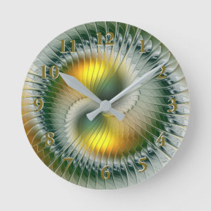Relógio Redondo Yin Yang Verde Amarelo Fractal Abstrato Colorido