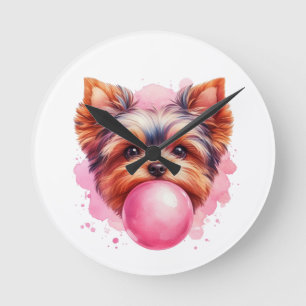 Relógio Redondo Yorkshire Terrier Dog w Pink Bublegum Watercolor