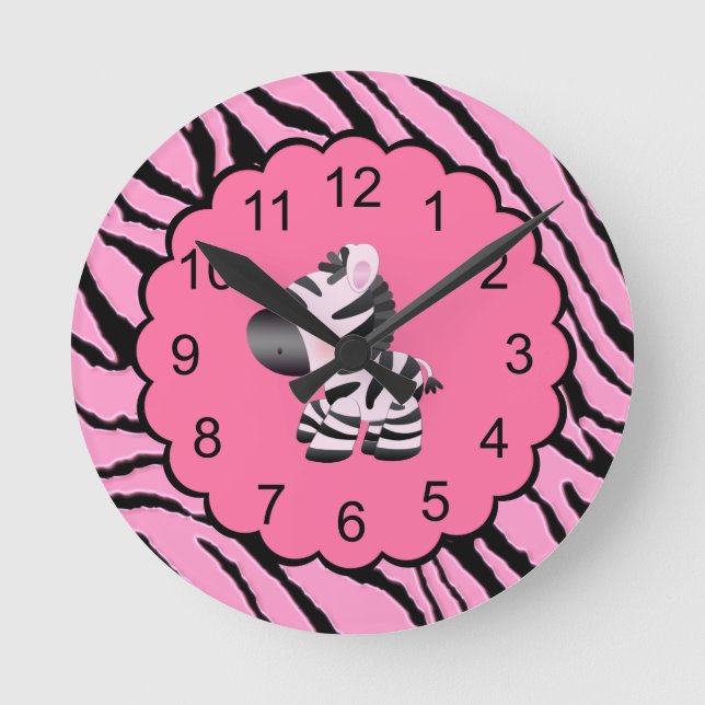 Relógio Redondo Zebra Cura, Rosa e Impressão em Animais Pretos (Frente)