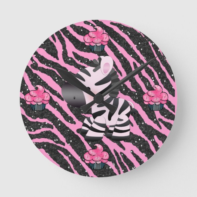 Relógio Redondo Zebra e Cupcakes, cor-de-rosa e preto, impressão a (Frente)