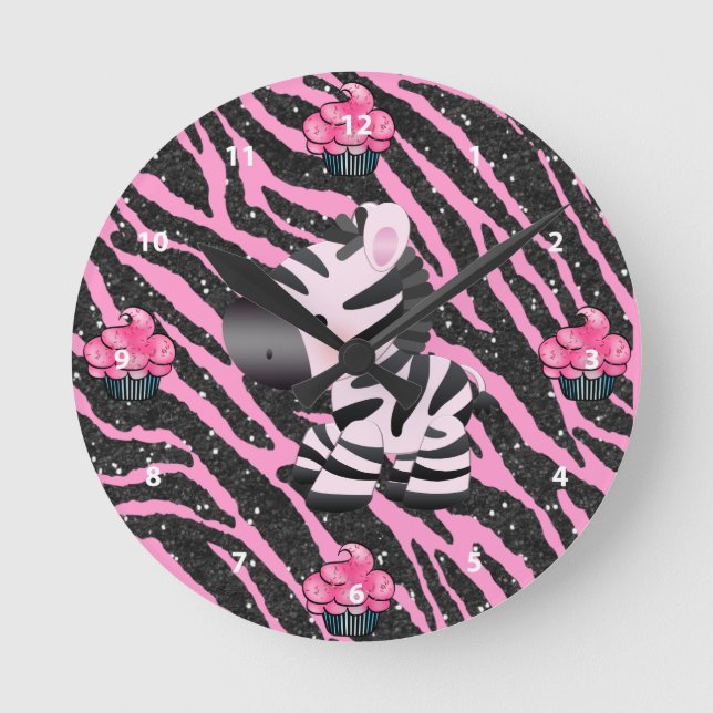 Relógio Redondo Zebra e Cupcakes, cor-de-rosa e preto, impressão a (Frente)