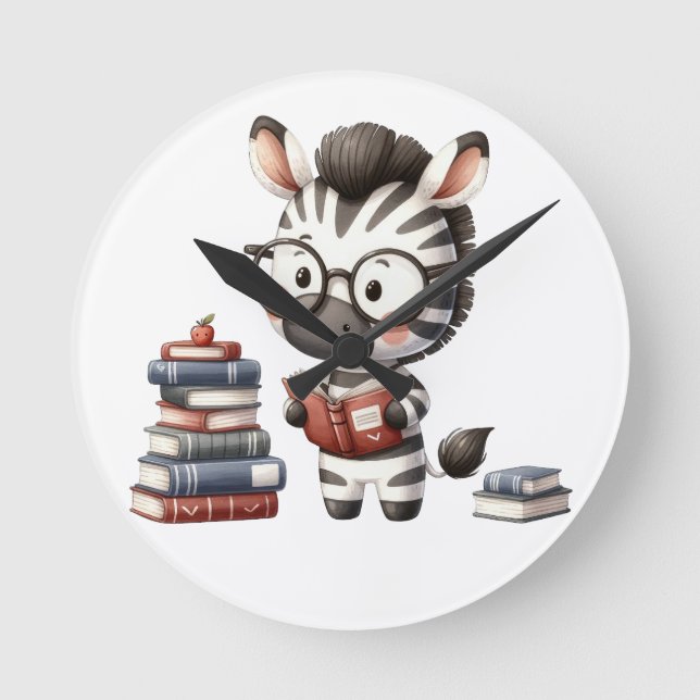 Relógio Redondo Zebra Lendo Livros. (Frente)