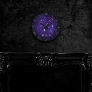 Relógio Redondo Zodiac Purple Pisces   Cosmic Astrology Horoscope