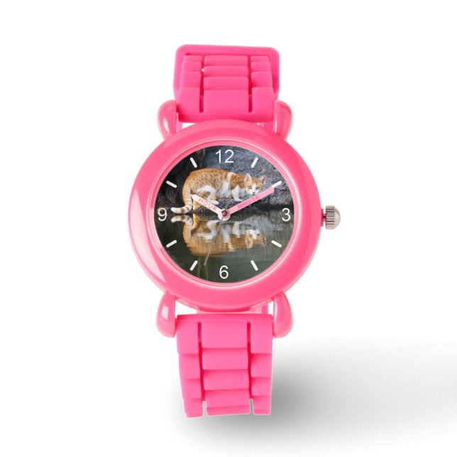 Relógio Reflexão de Gato em Placa de Discagem de Rapariga  (Frente)