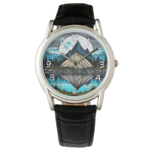 Relógio Reflexão de uma tenda no lago das montanhas